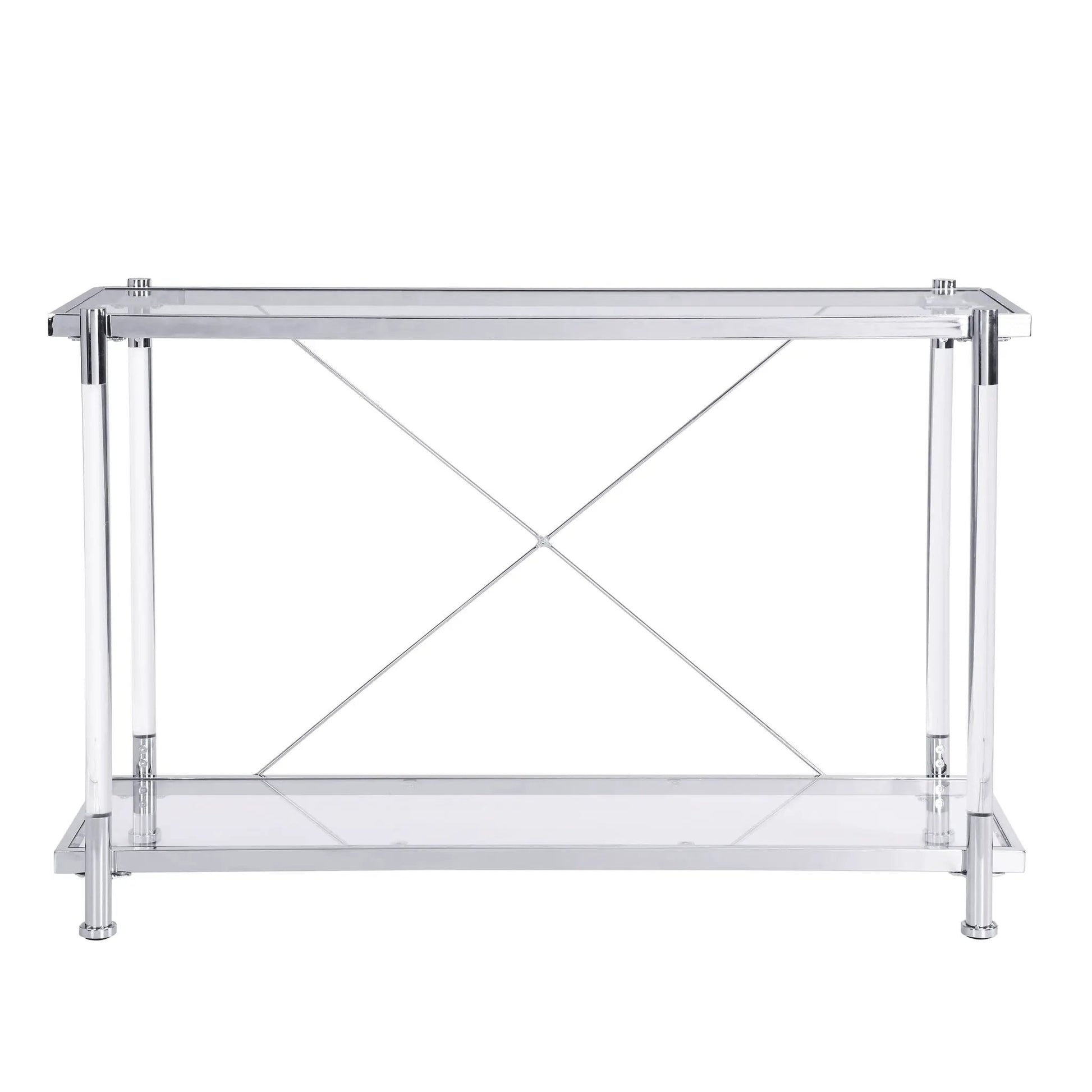 Chrome glass sofa table with clear top and lower shelf, chrome frame with diagonal crossbars on Tampa Home & Garden Store