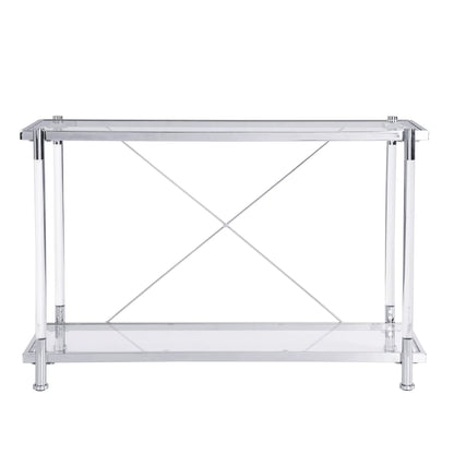 Chrome glass sofa table with clear top and lower shelf, chrome frame with diagonal crossbars on Tampa Home & Garden Store