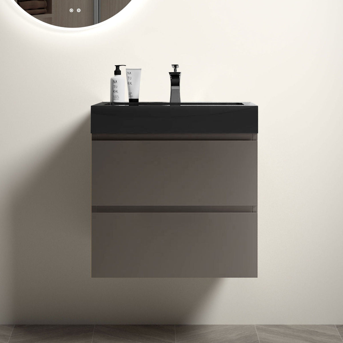 Alice bathroom vanity with sink, black glossy cabinet, basin, faucet, countertop mirror on Tampa Home & Garden Store