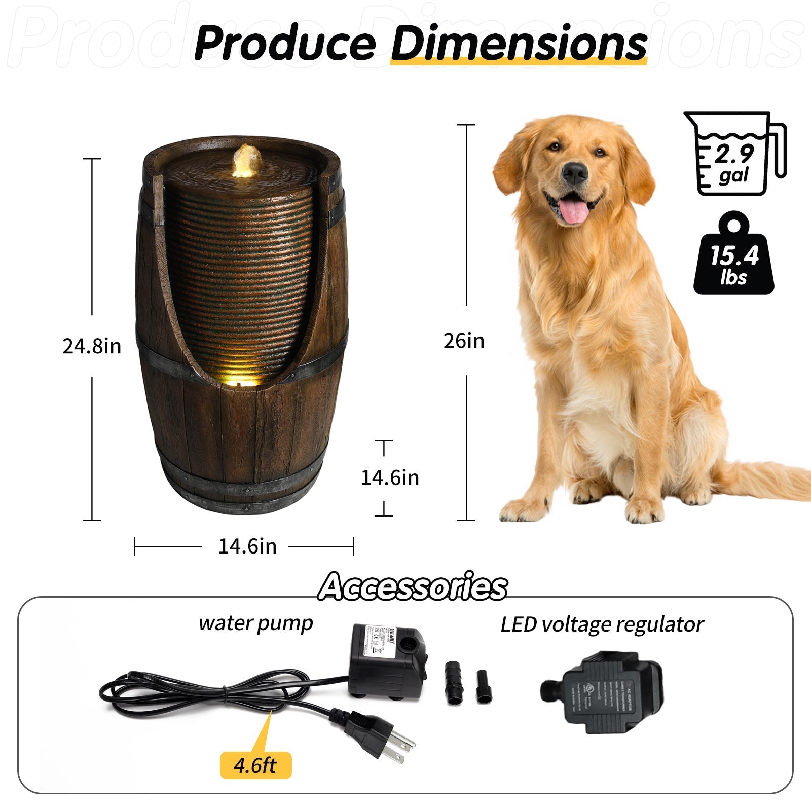 Outdoor Barrel Water Fountain with rustic wood look resin by HouseOfZazla, 2.9 gal capacity on Tampa Home & Garden Store