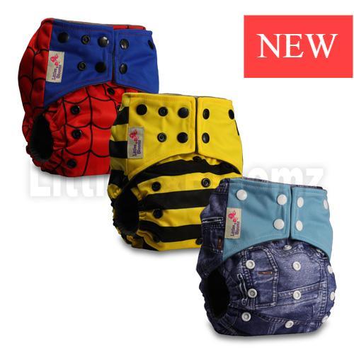 Stevvex Modern Luxury Cloth Pocket Nappy 3-pack in red spider-print, yellow striped, blue denim on Tampa Home & Garden Store