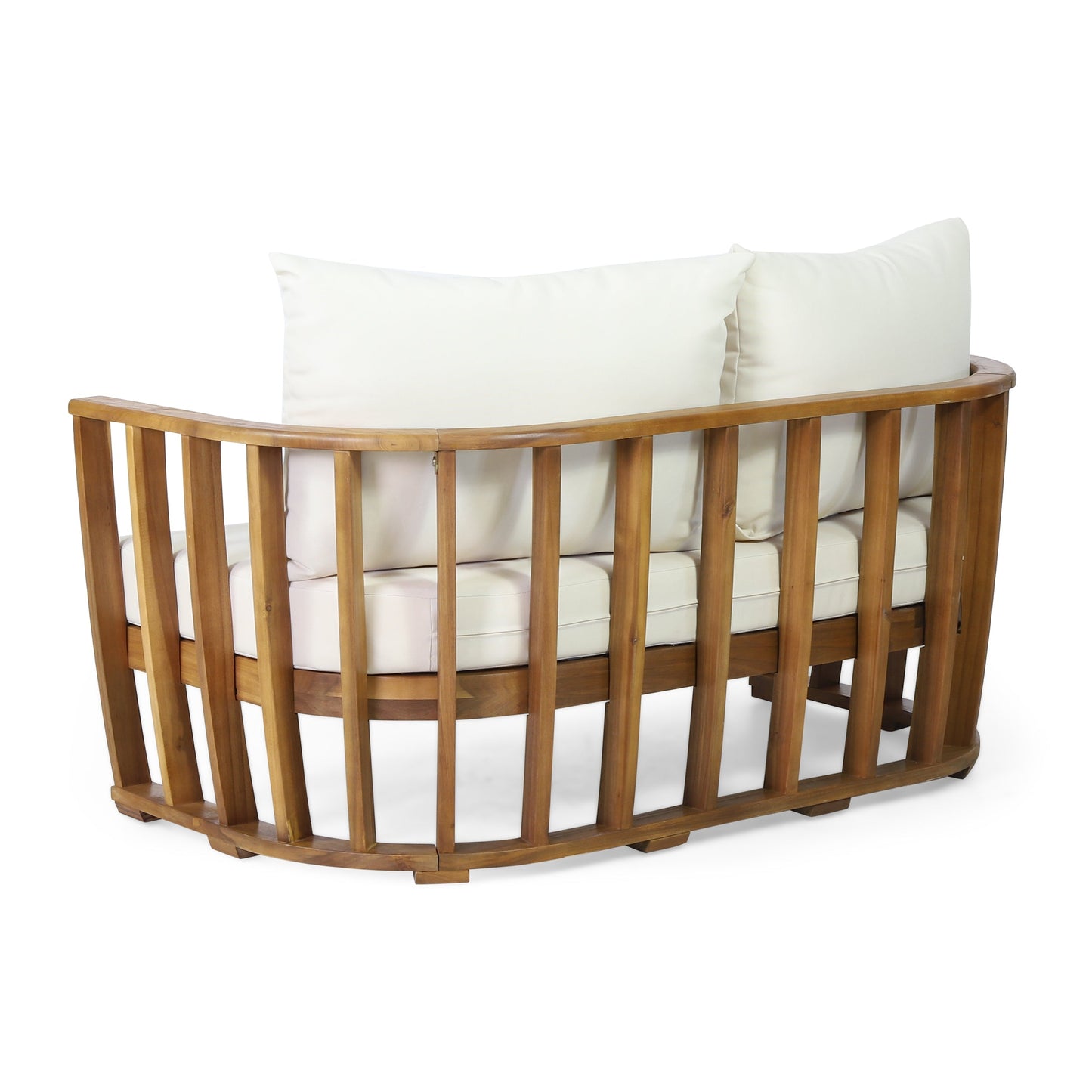Outdoor acacia wood loveseat and coffee table set with white cushions HouseOfZazla on Tampa Home & Garden Store