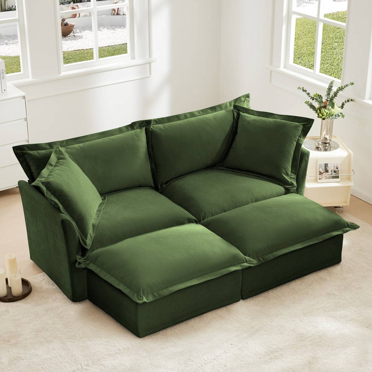 Chenille Slipcovered Sofa and 2 Cozy Ottomans