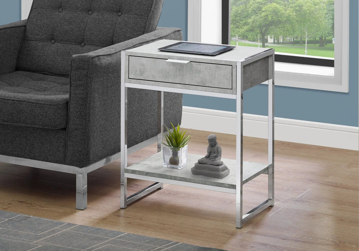 Accent Side Table with Storage Drawer, concrete finish and chrome frame, tablet on top on Tampa Home & Garden Store