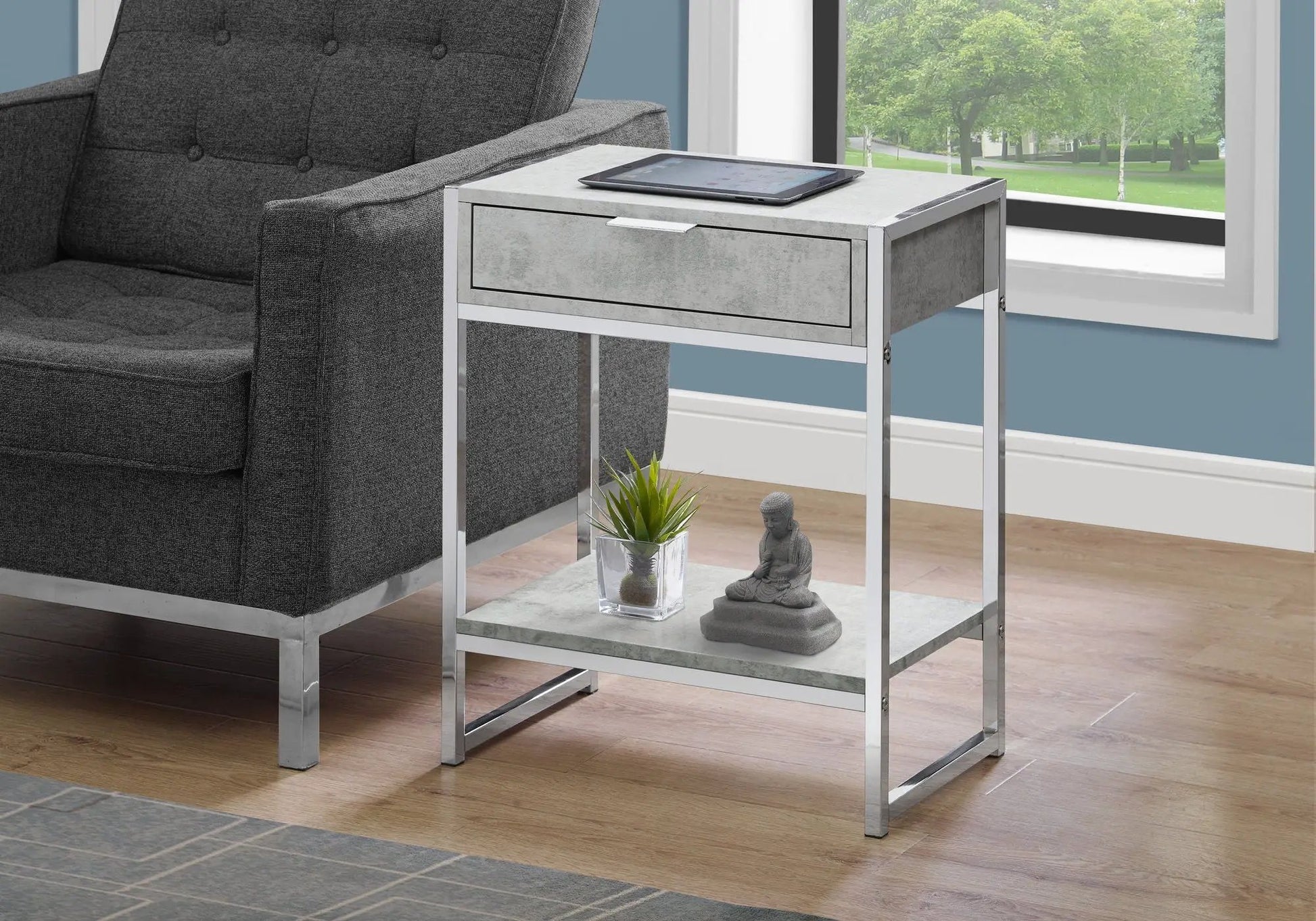 Accent Side Table with Storage Drawer, concrete finish and chrome frame, tablet on top on Tampa Home & Garden Store