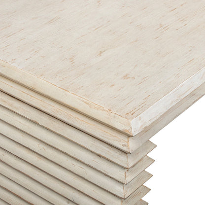 Geometric waterfall dining table edge in whitewashed wood with layered planks on Tampa Home & Garden Store