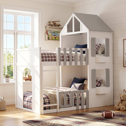 Twin over twin bunk bed in white with gray trim, plaid bedding by HouseOfZazla on Tampa Home & Garden Store