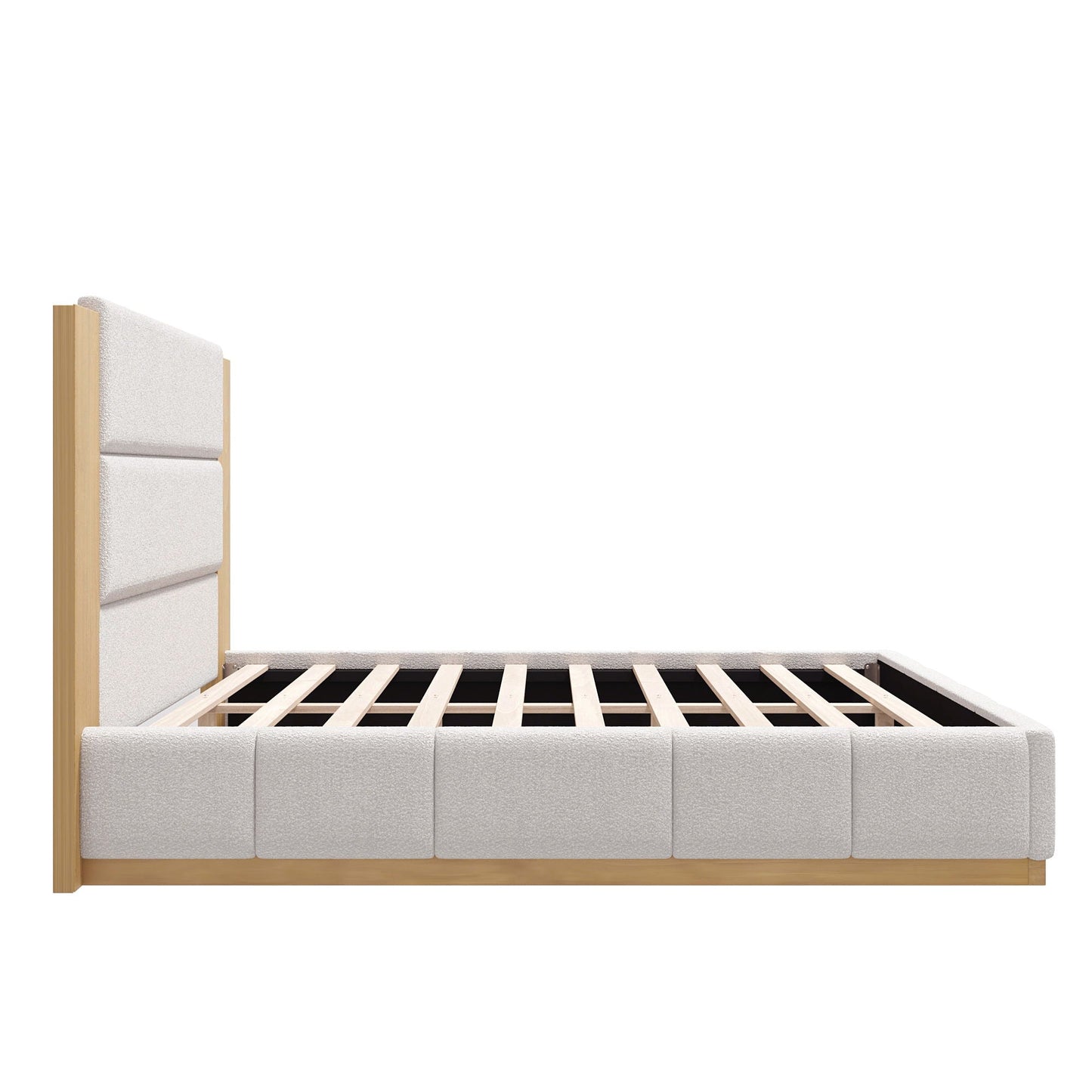 Modern upholstered platform bed with extended headboard in light grey fabric and wood frame on Tampa Home & Garden Store