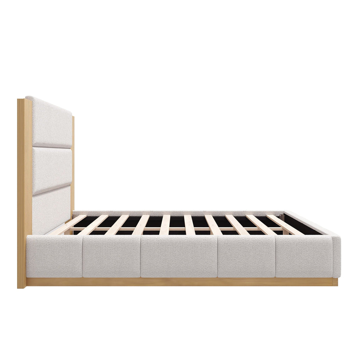Modern upholstered platform bed with extended headboard in light grey fabric and wood frame on Tampa Home & Garden Store