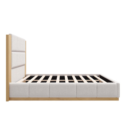 Modern upholstered platform bed with extended headboard in light grey fabric and wood frame on Tampa Home & Garden Store