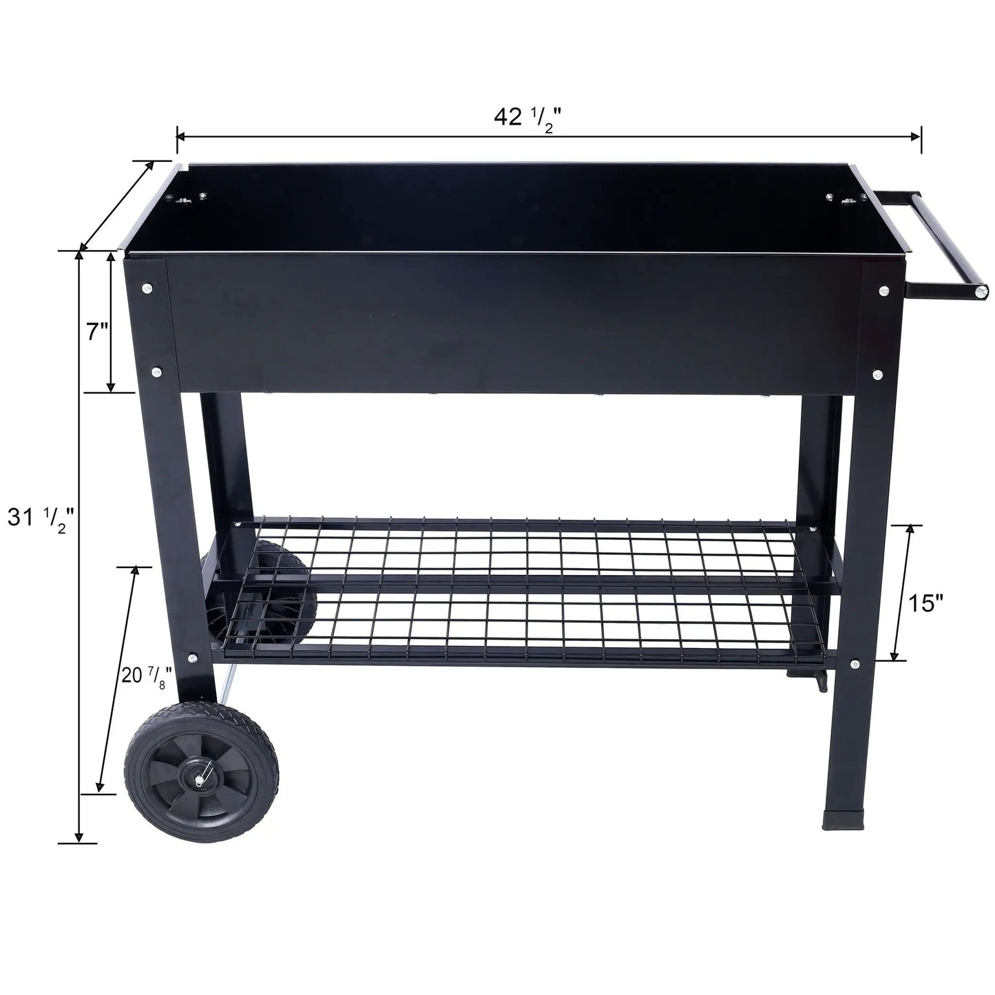 Elevated mobile ergonomic metal planter bed in black powder-coated steel with wheels on Tampa Home & Garden Store