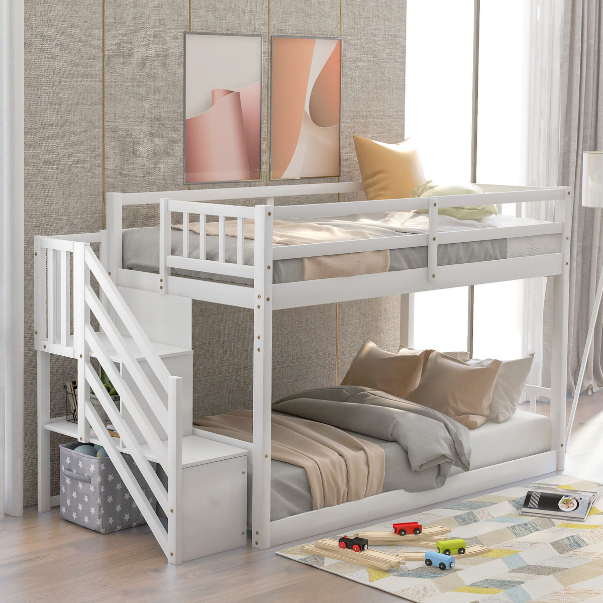 Twin over twin floor bunk bed in white with storage ladder and gray bedding on Tampa Home & Garden Store