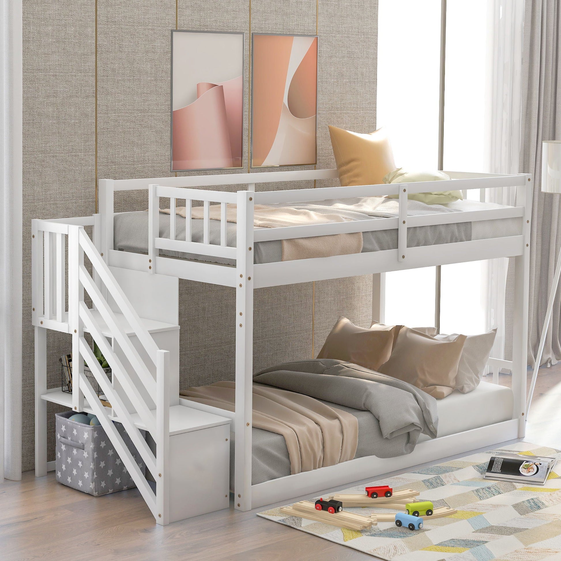 Twin over twin floor bunk bed in white with storage ladder and gray bedding on Tampa Home & Garden Store