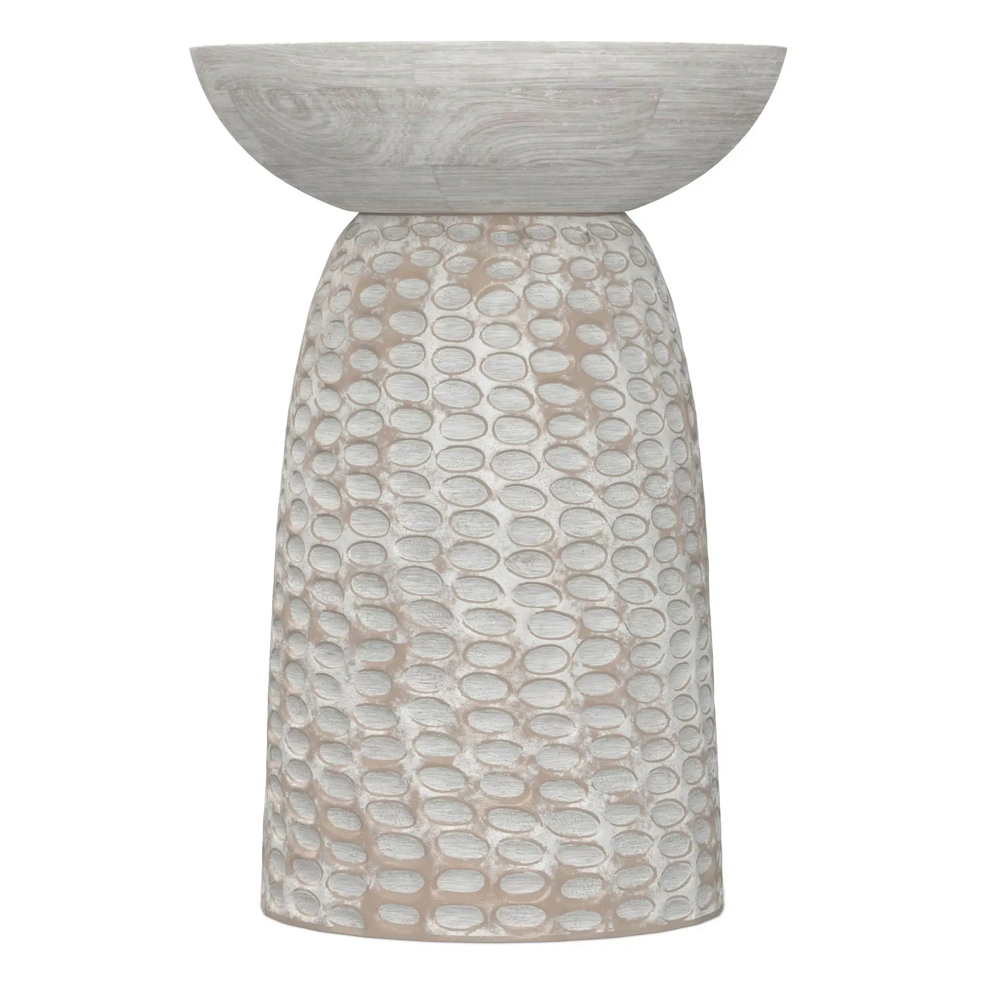 Boyd handcrafted accent table with a shallow gray bowl top and textured circular pedestal on Tampa Home & Garden Store