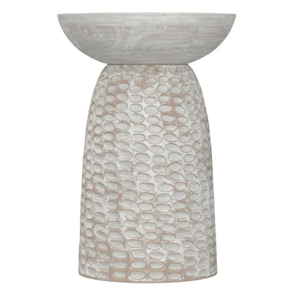 Boyd handcrafted accent table with a shallow gray bowl top and textured circular pedestal on Tampa Home & Garden Store