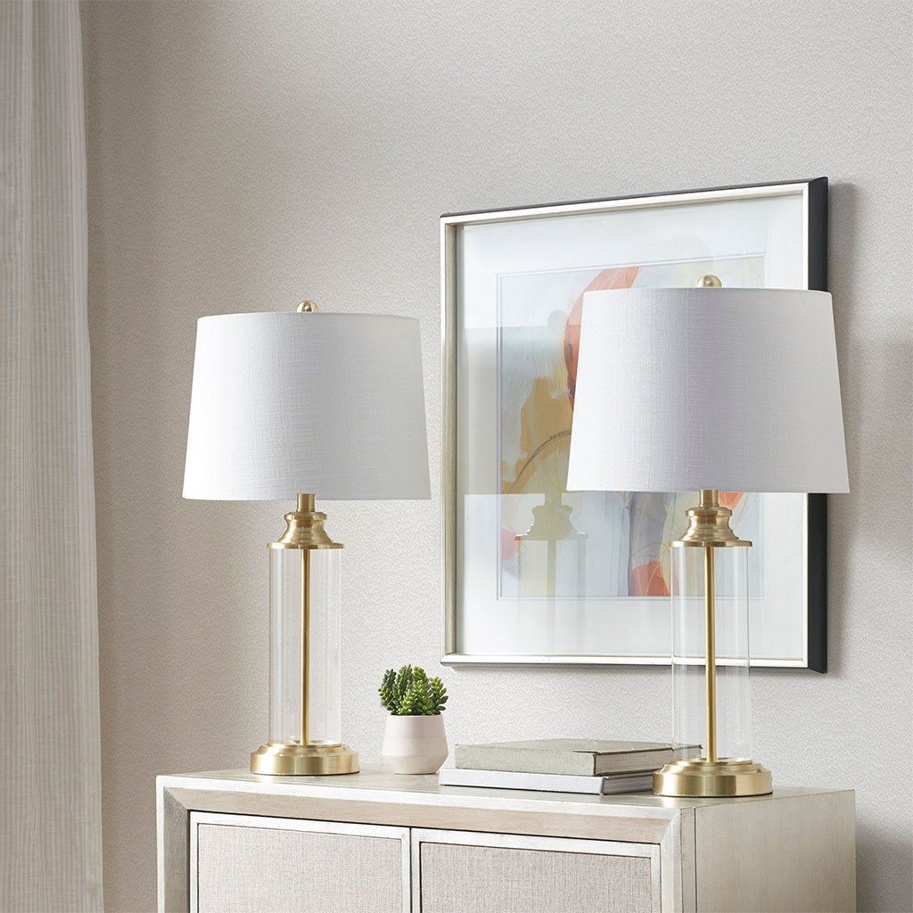 Clarity glass cylinder table lamp set of 2 with brass bases and white shades by HouseOfZazla on Tampa Home & Garden Store