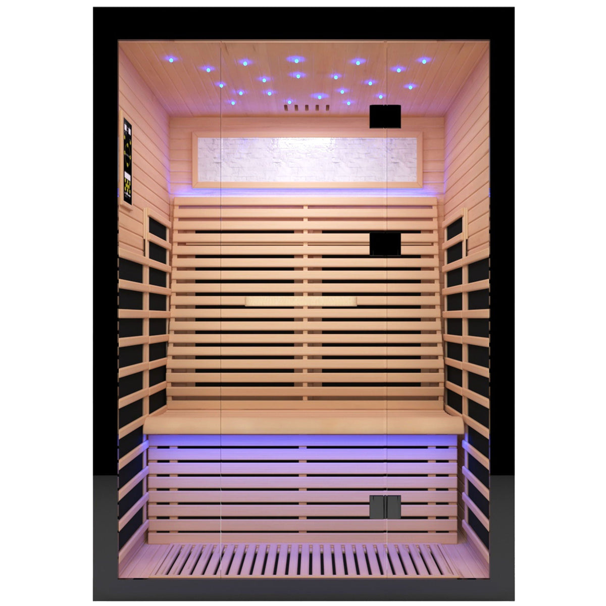 Luxury double infrared sauna with epoxy heating plates, black exterior and natural wood interior on Tampa Home & Garden Store