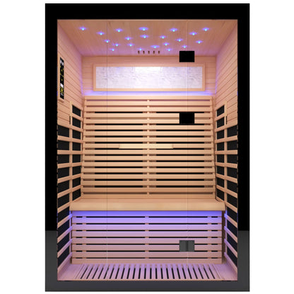 Luxury double infrared sauna with epoxy heating plates, black exterior and natural wood interior on Tampa Home & Garden Store