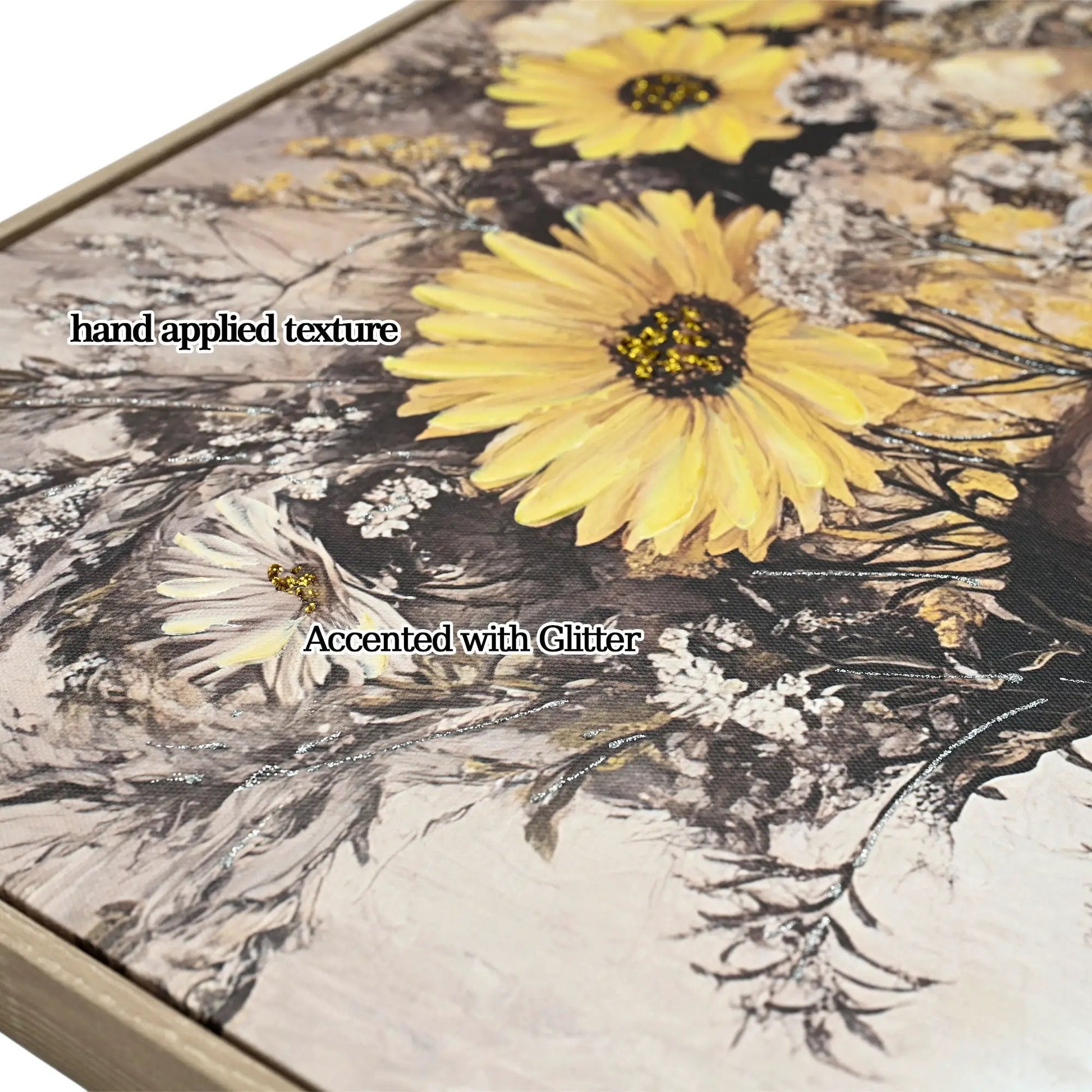 Beauty Lady canvas art with yellow daisies, hand textured, glitter accents Ginger on Tampa Home & Garden Store