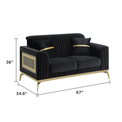 Antigua 2 Piece Living Room Set black velvet with plush cushions and metal accents HouseOfZazla on Tampa Home & Garden Store