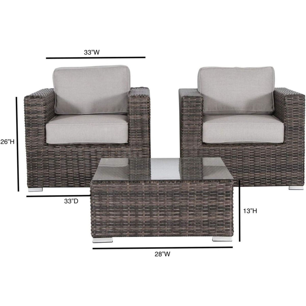 Wicker 3pc outdoor seating set by HouseOfZazla with beige cushions and glass table on Tampa Home & Garden Store
