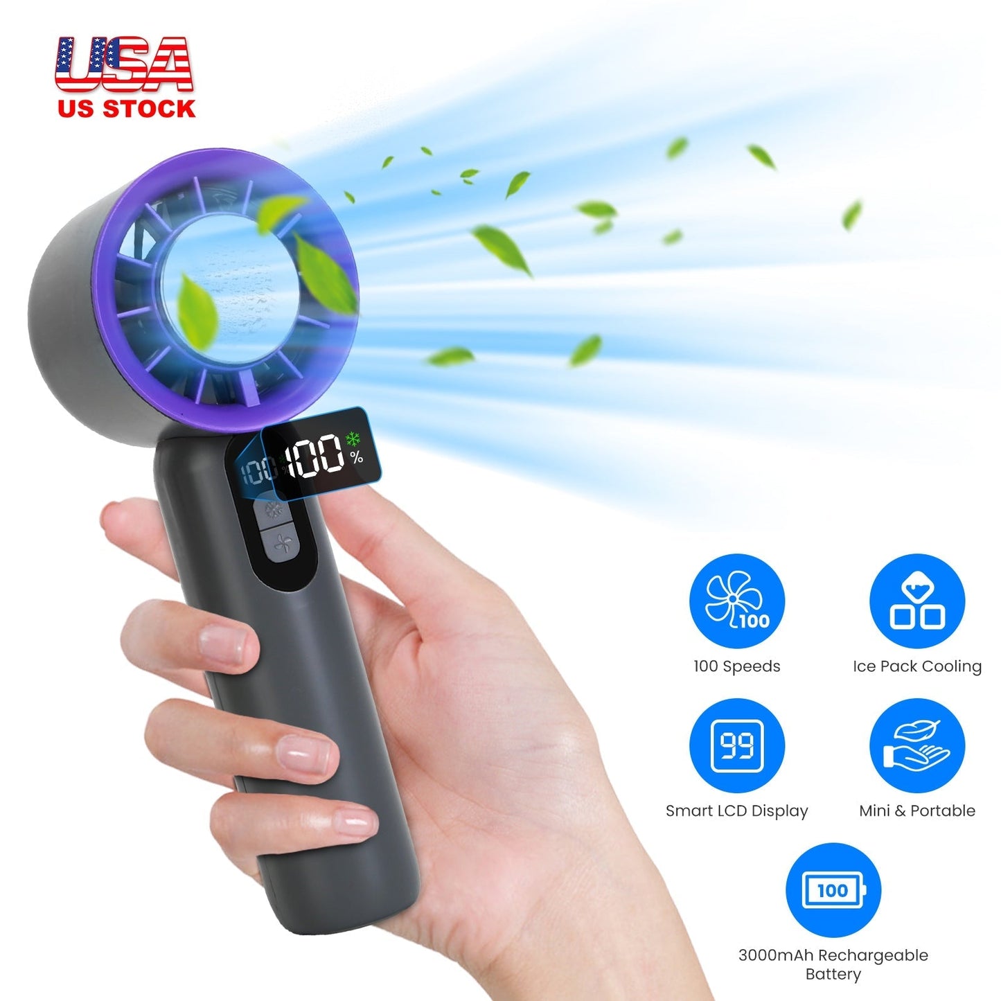 GemGear 100 Speed Handheld Fan with Ice Cooler black body purple ring LCD display on handle on Tampa Home & Garden Store