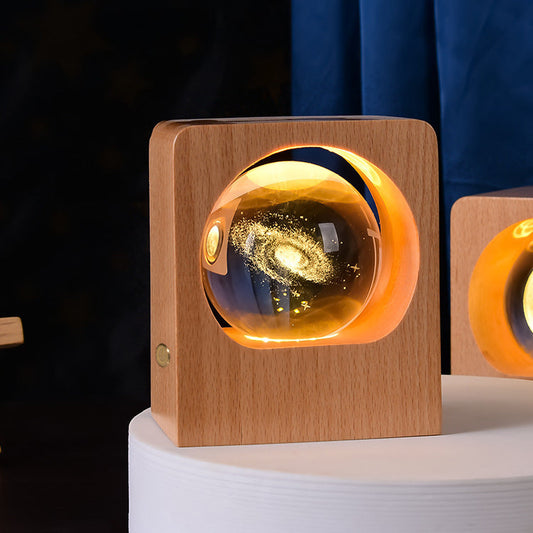 Two beech wood crystal ball night lights in frames, orange LED, 3D elk jellyfish engraving on Tampa Home & Garden Store
