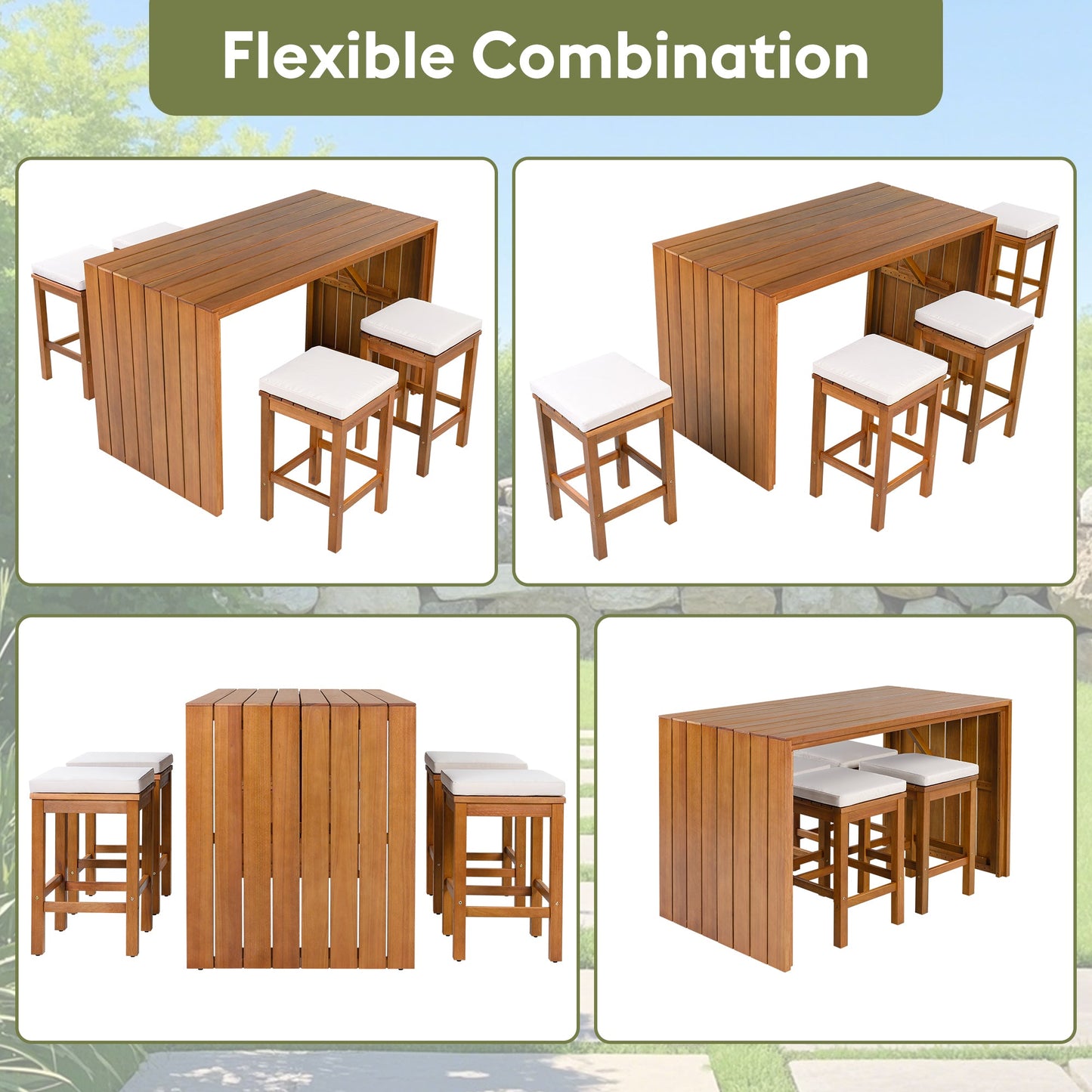 5 Piece Outdoor Bar Set HouseOfZazla: wooden table with four white cushioned stools on Tampa Home & Garden Store
