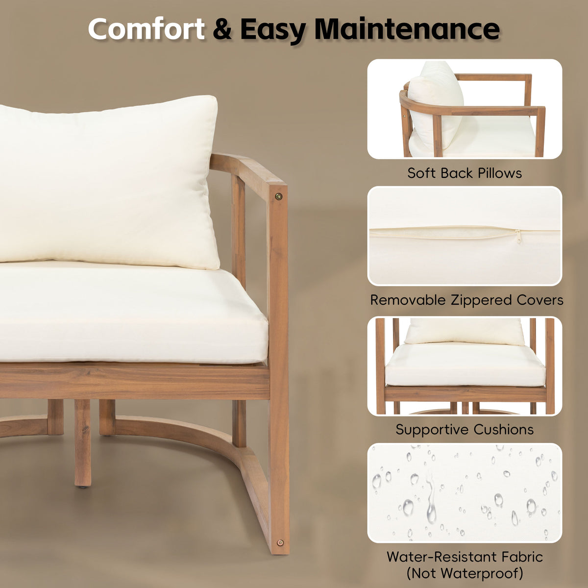 TOPMAX 4-Piece Modern Acacia Wood Sofa Set by HouseOfZazla with cream cushions on Tampa Home & Garden Store
