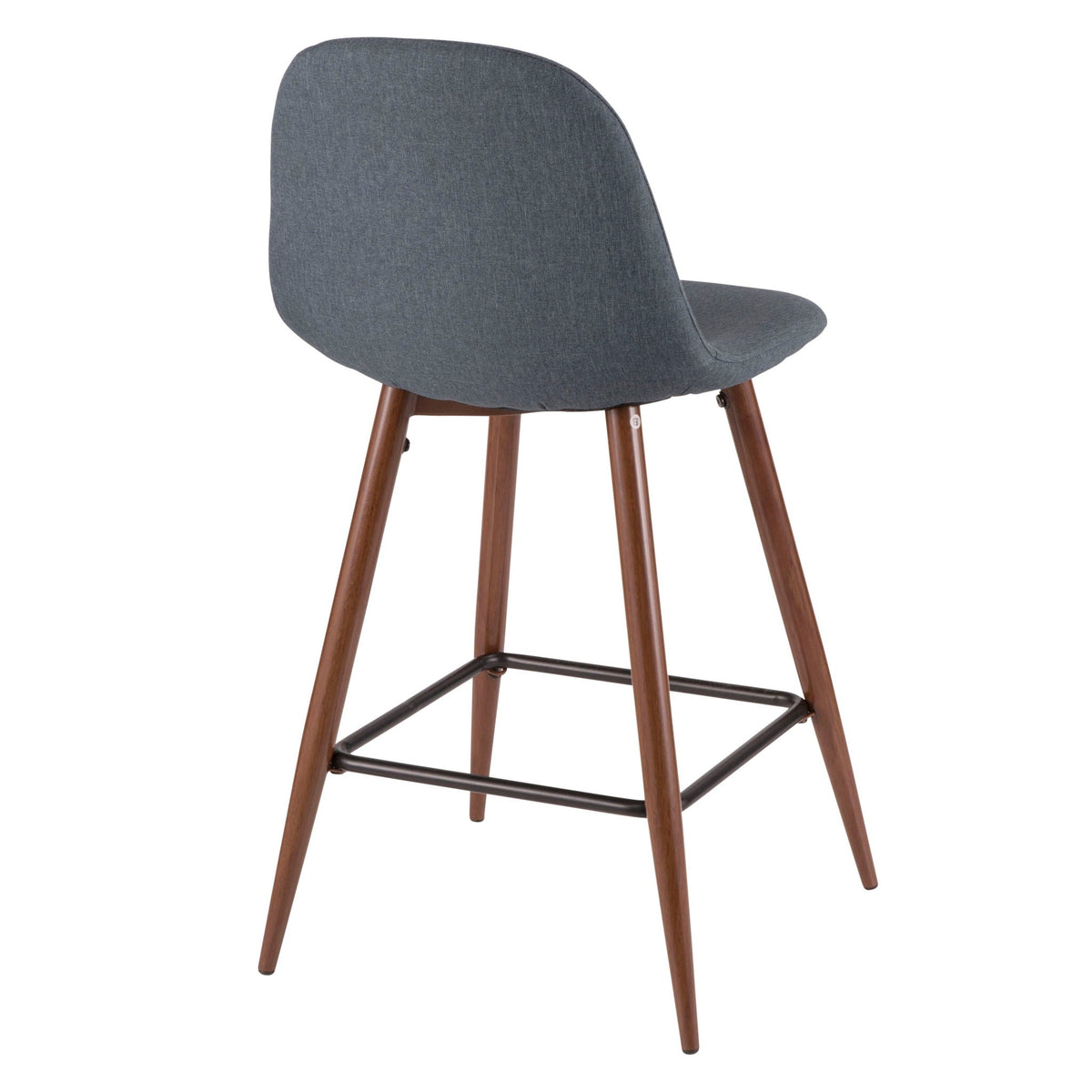 Blue upholstered mid-century modern counter stool with wooden legs and black metal footrest on Tampa Home & Garden Store