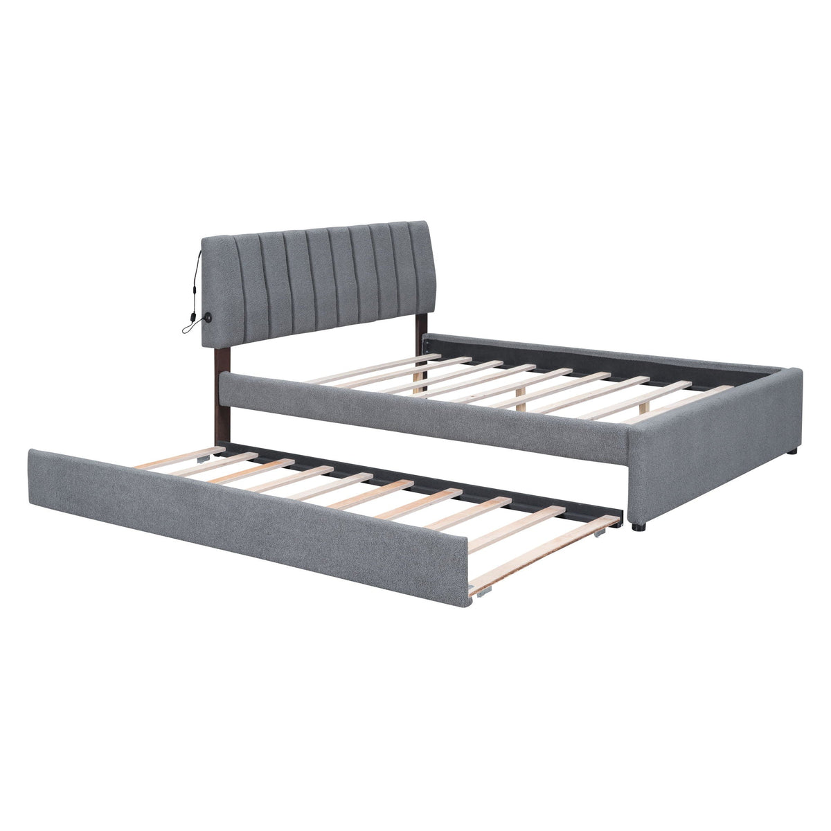 Grey upholstered platform bed with padded vertical headboard and built-in trundle on Tampa Home & Garden Store