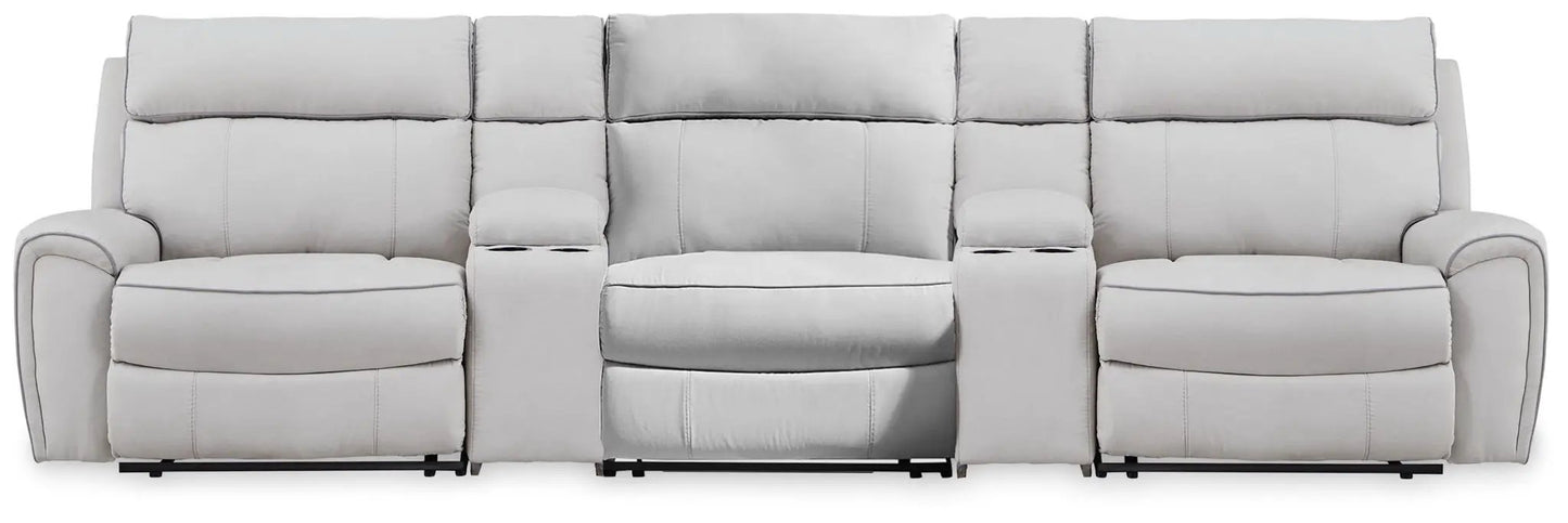 Social Pointe reclining sectional by Unique Piece Furniture in gray fabric with cupholders on Tampa Home & Garden Store