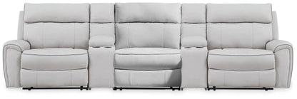 Social Pointe reclining sectional by Unique Piece Furniture in gray fabric with cupholders on Tampa Home & Garden Store