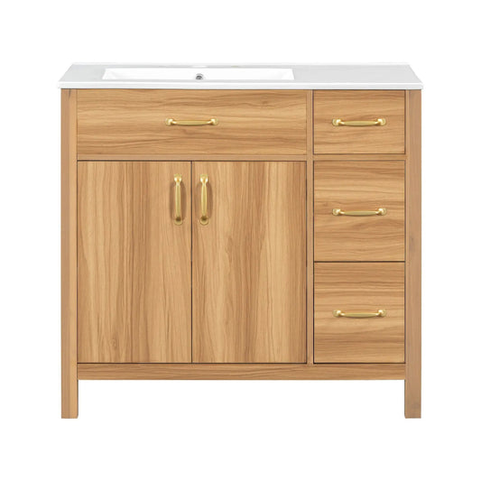 Bathroom vanity in wood with white countertop, 2 softclose doors and 3 softclose drawers on Tampa Home & Garden Store