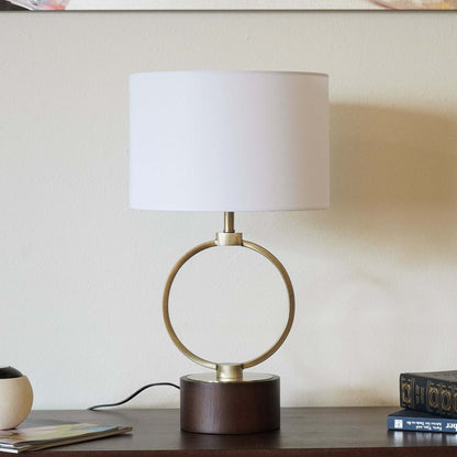 HouseOfZazla table lamp with grid circular metal ring and white shade on dark wood base on Tampa Home & Garden Store