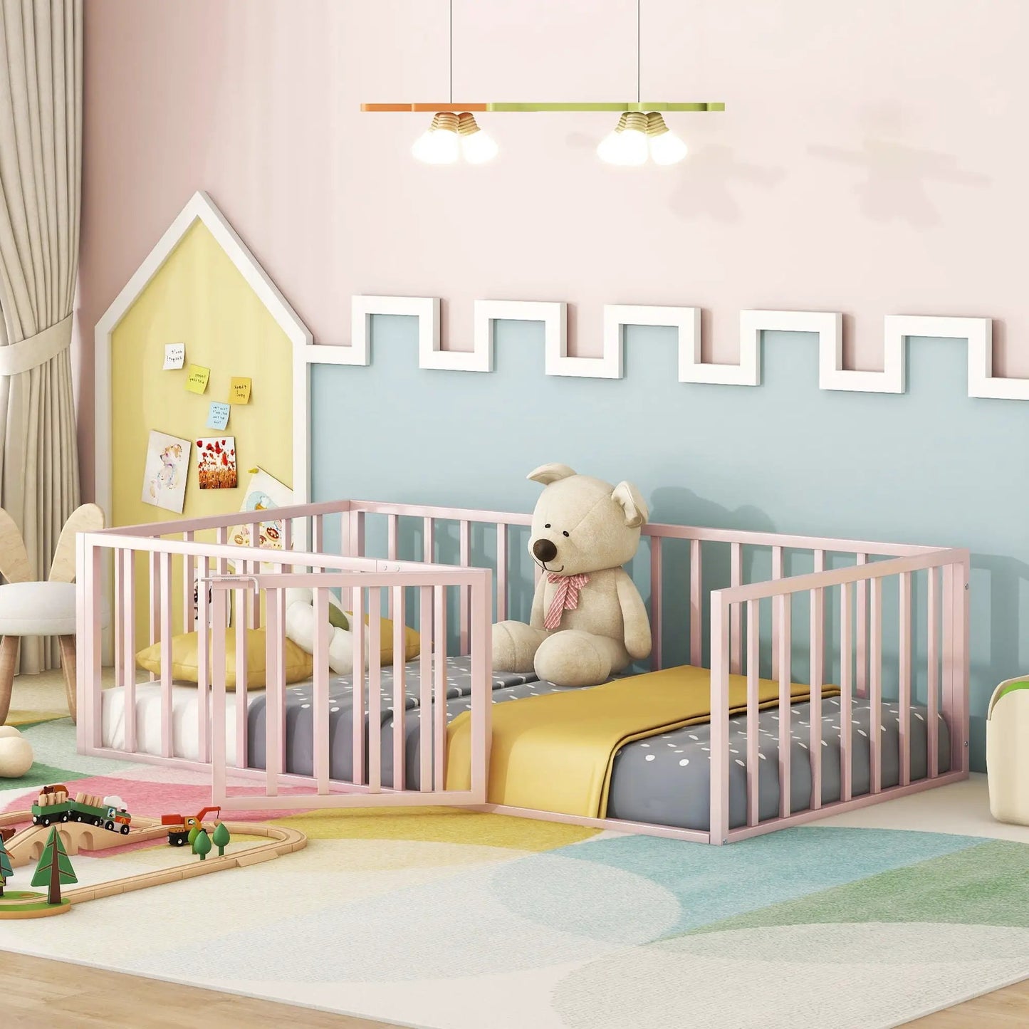 Metal floor bed frame with fence and door by Unique Piece Furniture in pink for kids room on Tampa Home & Garden Store