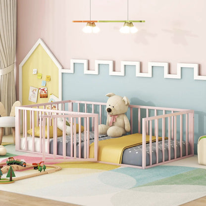 Metal floor bed frame with fence and door by Unique Piece Furniture in pink for kids room on Tampa Home & Garden Store