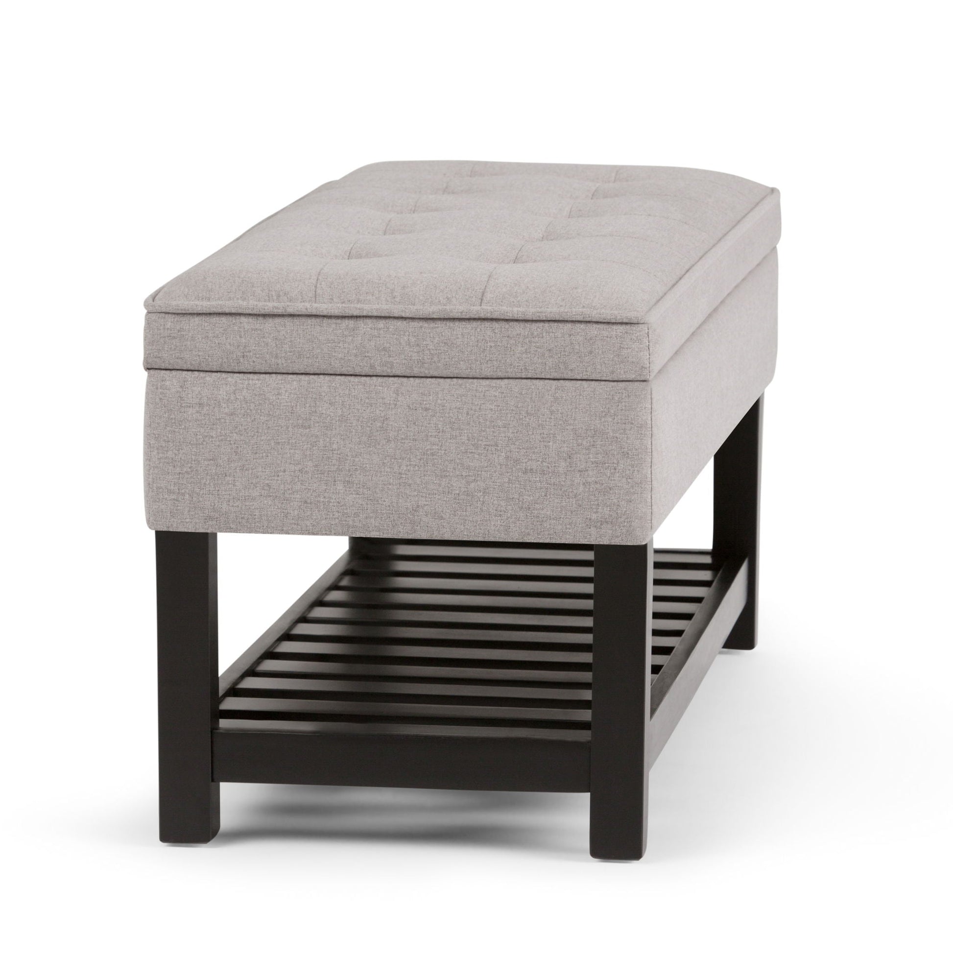 Cosmopolitan storage ottoman bench in light gray fabric with open bottom shelf on Tampa Home & Garden Store
