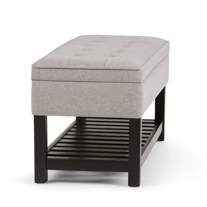 Cosmopolitan storage ottoman bench in light gray fabric with open bottom shelf on Tampa Home & Garden Store