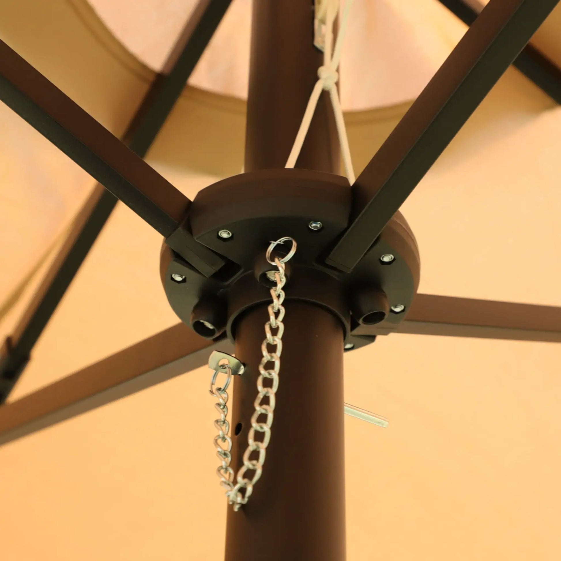 Double-Sided Outdoor Market Umbrella with Lights and Base on brown metal frame with pull chains on Tampa Home & Garden Store