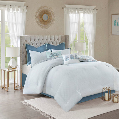 8-piece cotton floral printed reversible comforter set blue with light bedding on tufted bed on Tampa Home & Garden Store