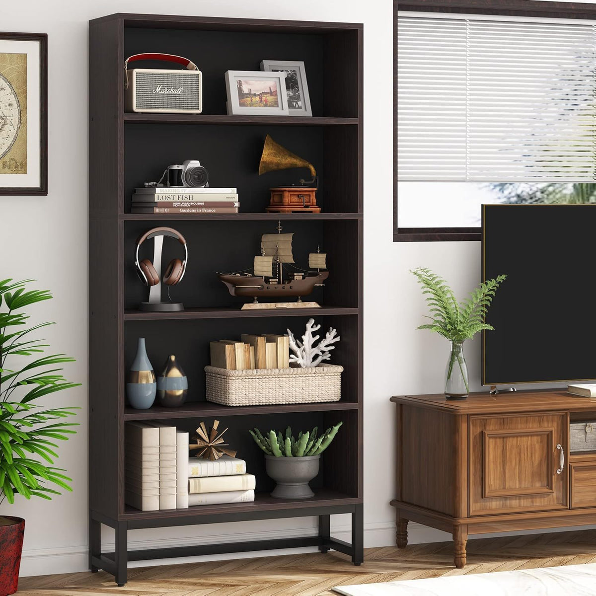 5-tier heavy-duty bookshelf with powder-coated steel frame in dark brown finish on Tampa Home & Garden Store