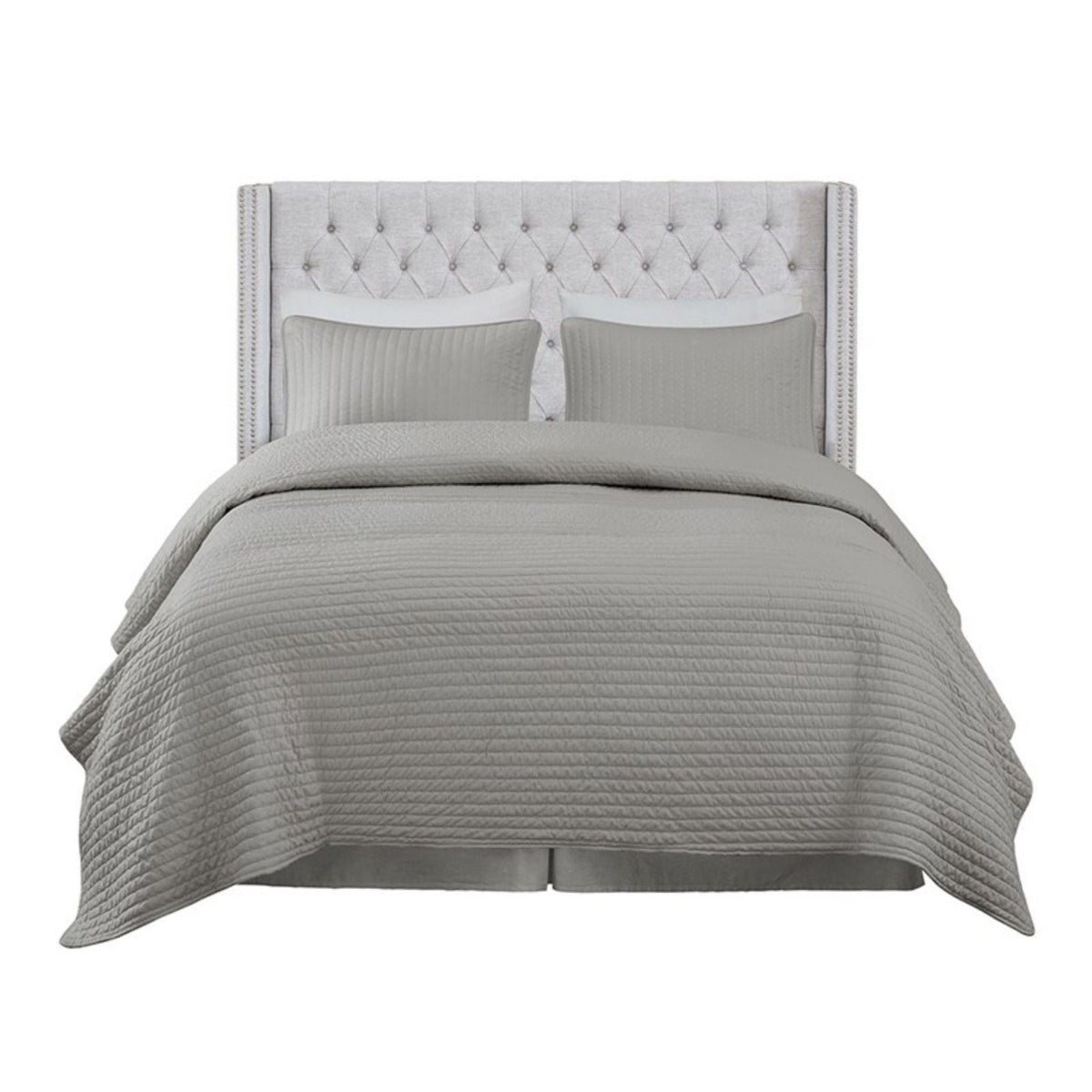 Queen upholstered headboard in gray fabric with tufted buttons and nailhead trim by HouseOfZazla on Tampa Home & Garden Store