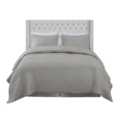 Queen upholstered headboard in gray fabric with tufted buttons and nailhead trim by HouseOfZazla on Tampa Home & Garden Store
