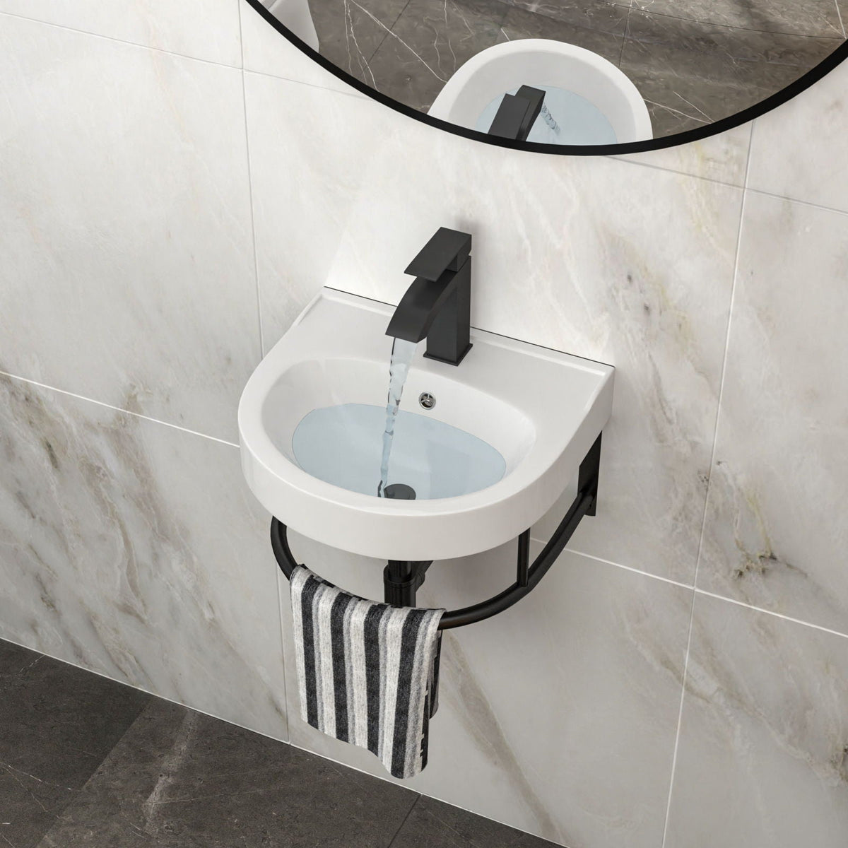 Wall-mounted bathroom vanity sink with black faucet and towel bar, white basin by HouseOfZazla on Tampa Home & Garden Store