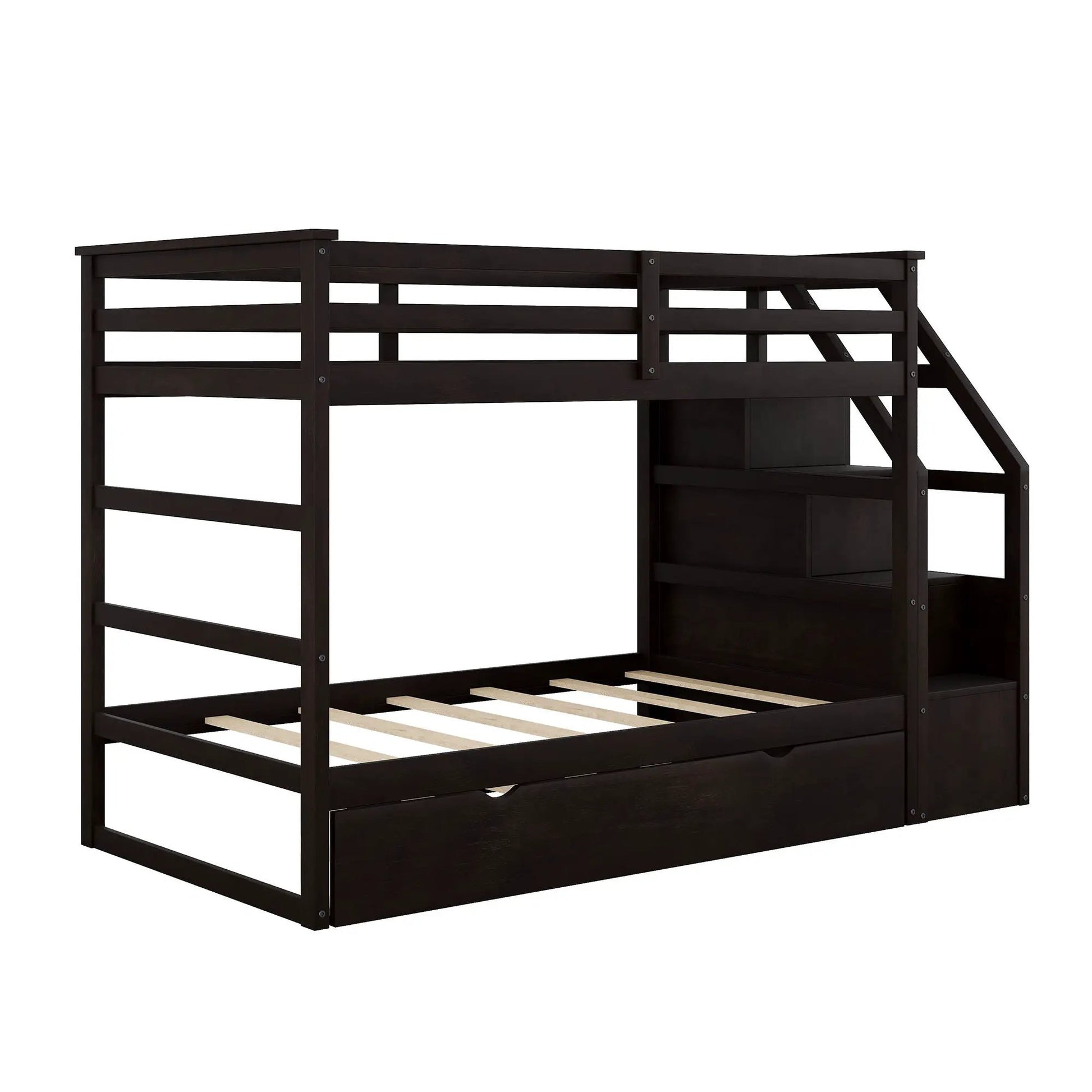 Twin over bunk bed with twin trundle and 3 storage stairs in espresso by Unique Piece Furniture on Tampa Home & Garden Store