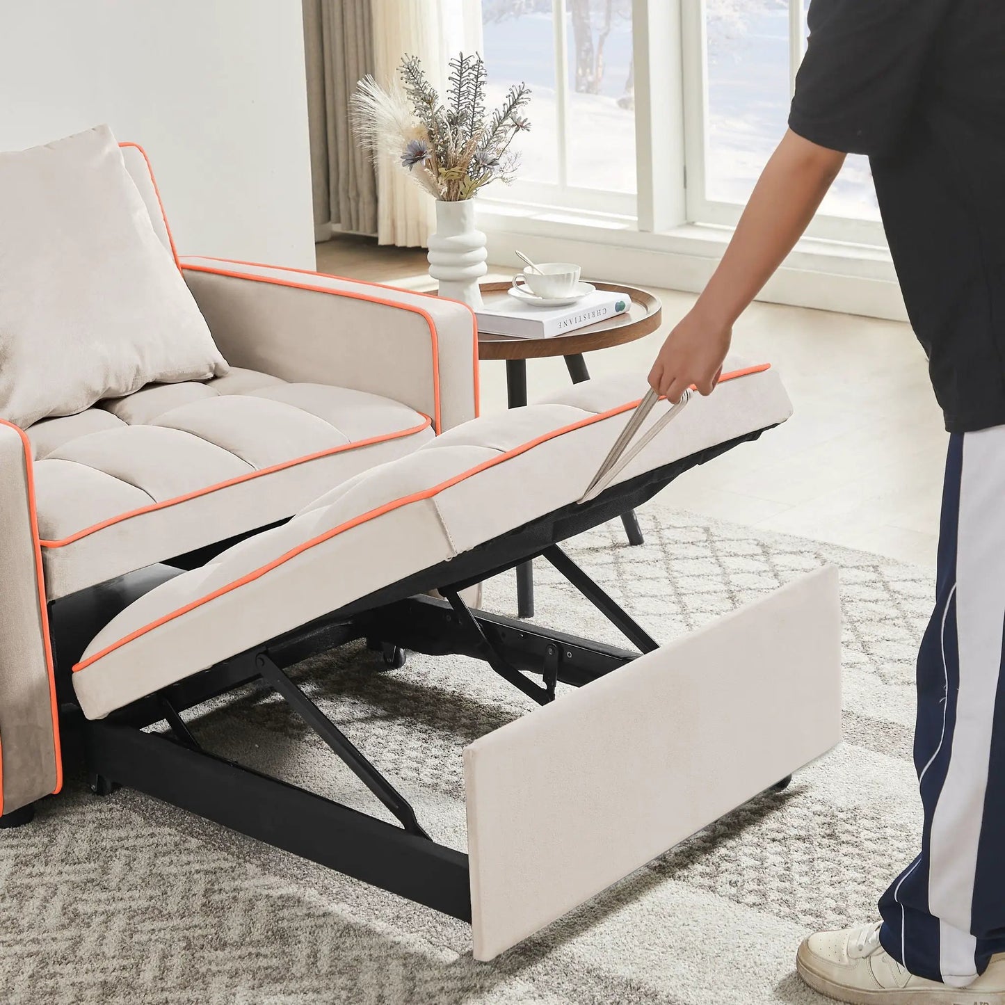 Sleeper chair beige cushions with orange piping, adjustable recliner by Unique Piece Furniture on Tampa Home & Garden Store