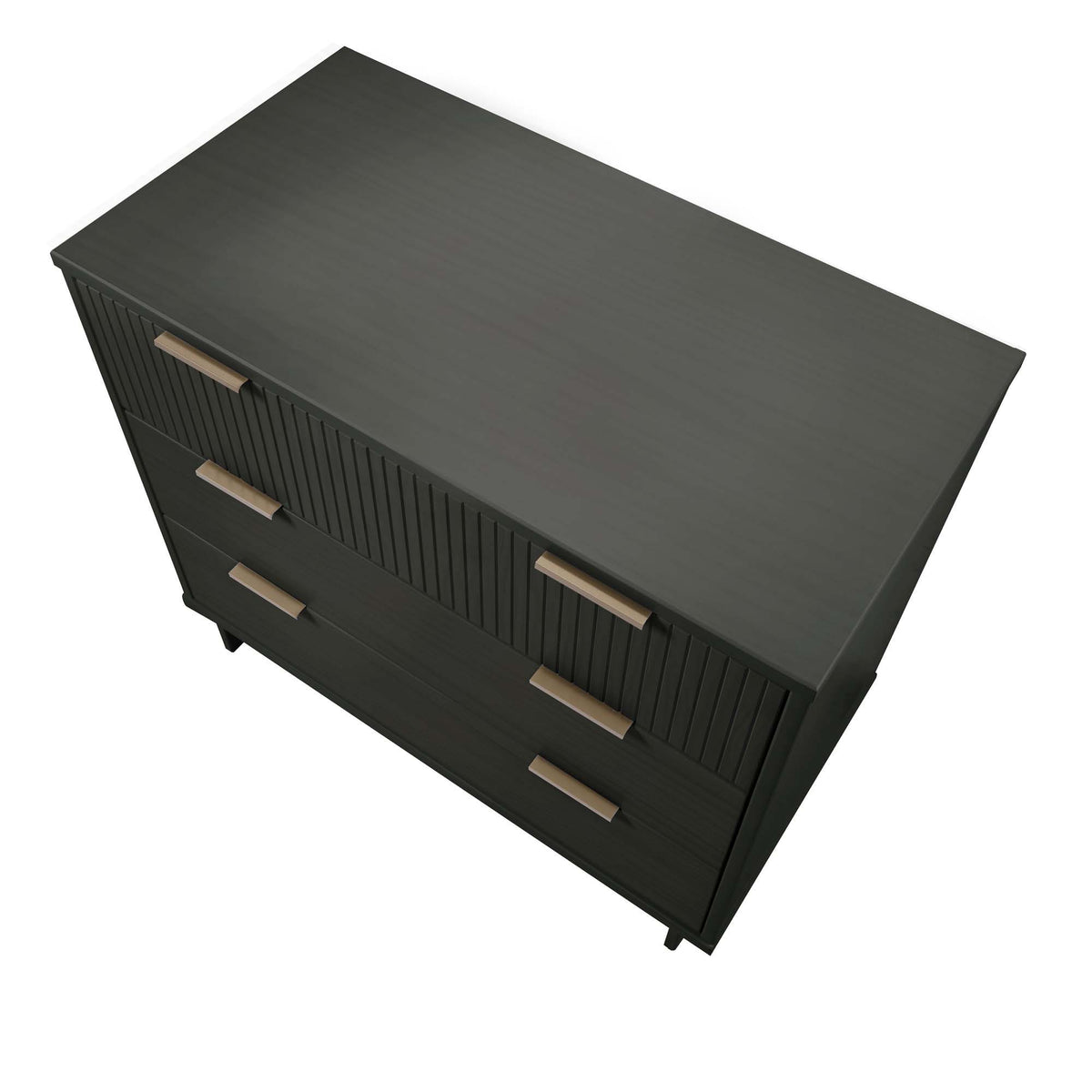Solid wood 3-drawer dresser with ribbed fronts in dark gray and gold-tone bar pulls on Tampa Home & Garden Store