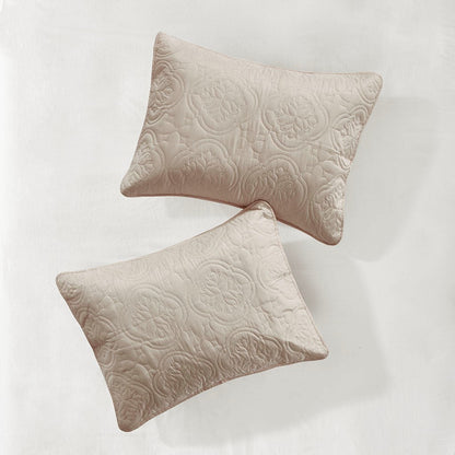 3 Piece Reversible Bedspread Set Khaki Full/Queen decorative pillows with quilted floral motif on Tampa Home & Garden Store