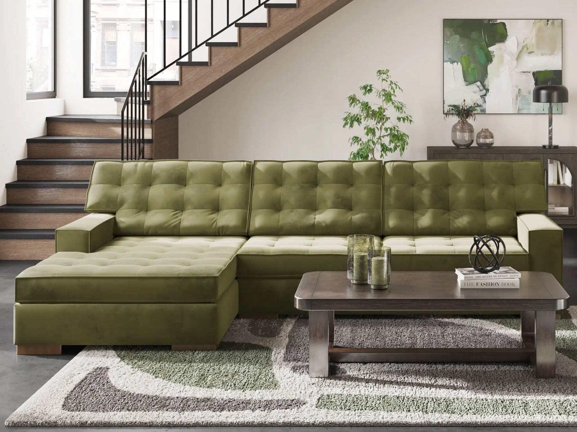 Caspian-Town sectional sofa in olive green tufted leather in a modern living room on Tampa Home & Garden Store